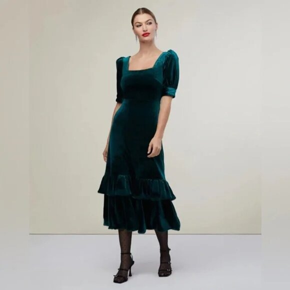 Rachel Parcell Puff Sleeve Peplum Skirt Midi Dress Emerald Green - Picture 1 of 4